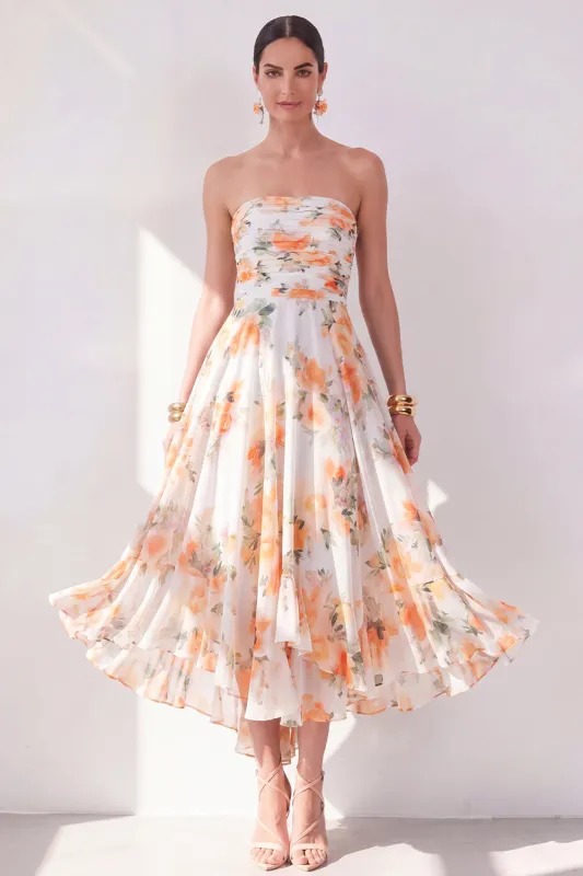 Orange Flower Strapless A Line Ruched Midi Wedding Guest Dress made by Wedtrend