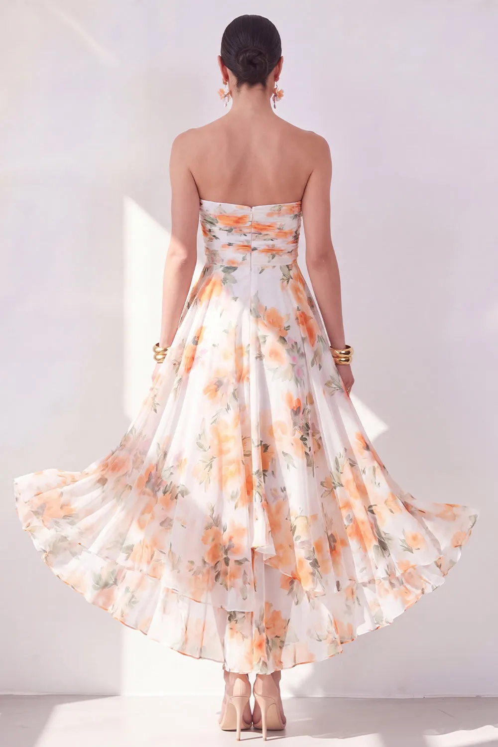 Orange Flower Strapless A Line Ruched Midi Wedding Guest Dress sold by Wedtrend product image thumbnail 2