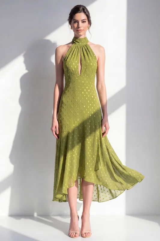 Halter A Line Olive Midi Wedding Guest Dress made by Wedtrend