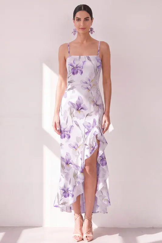 Lilac Flower Chiffon Ruffled Sheath Midi Dress with Slit made by Wedtrend