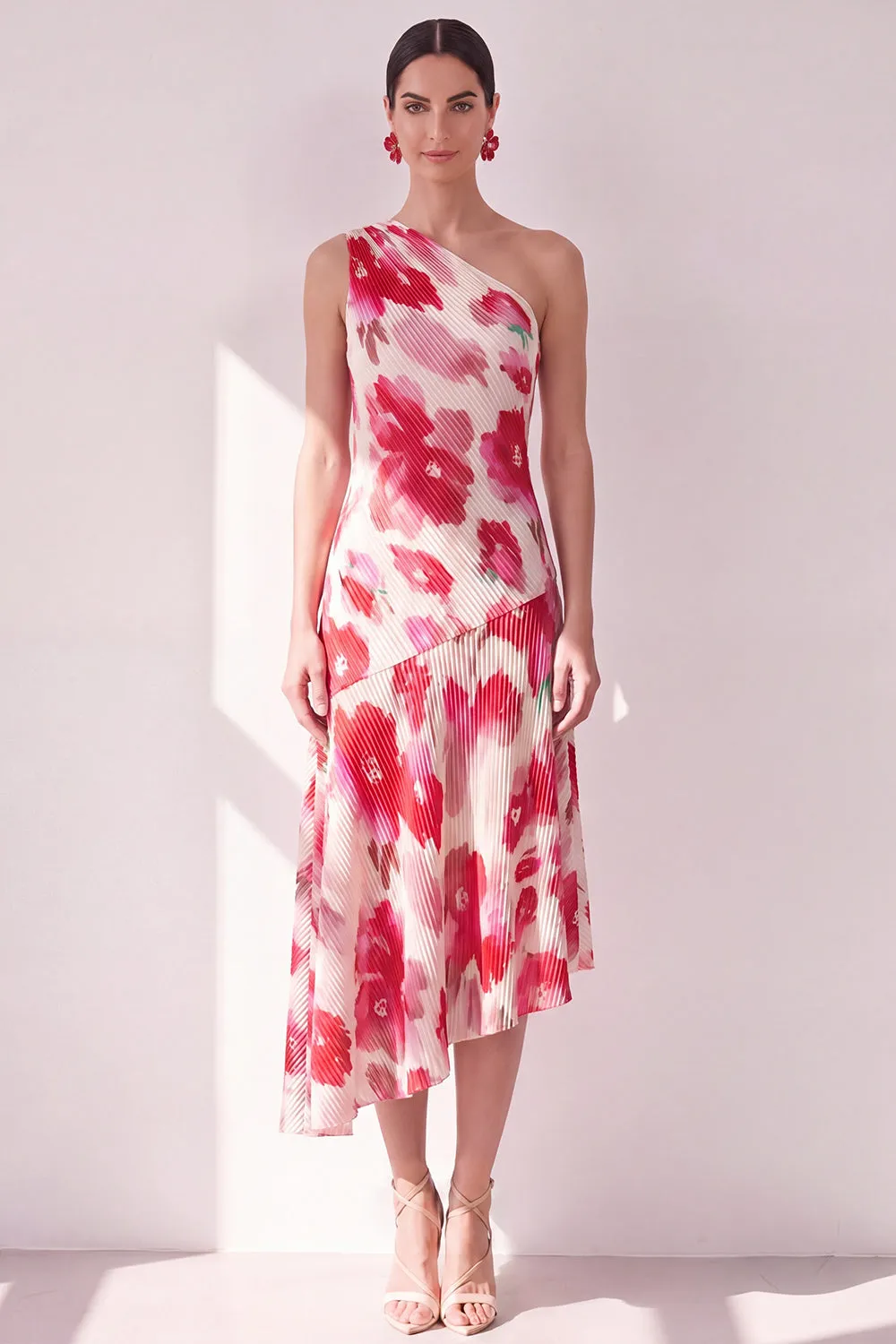 One Shoulder Blue Red Flower Asymmetrical Midi Dress sold by Wedtrend product image thumbnail 5