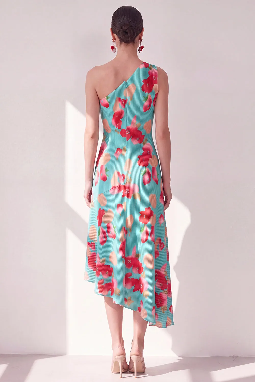One Shoulder Blue Red Flower Asymmetrical Midi Dress sold by Wedtrend product image thumbnail 2