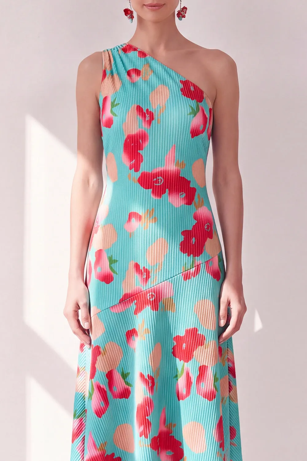 One Shoulder Blue Red Flower Asymmetrical Midi Dress sold by Wedtrend product image thumbnail 3