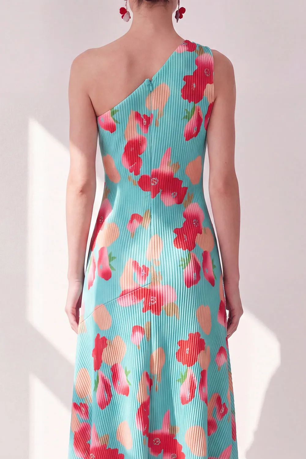 One Shoulder Blue Red Flower Asymmetrical Midi Dress sold by Wedtrend product image thumbnail 4