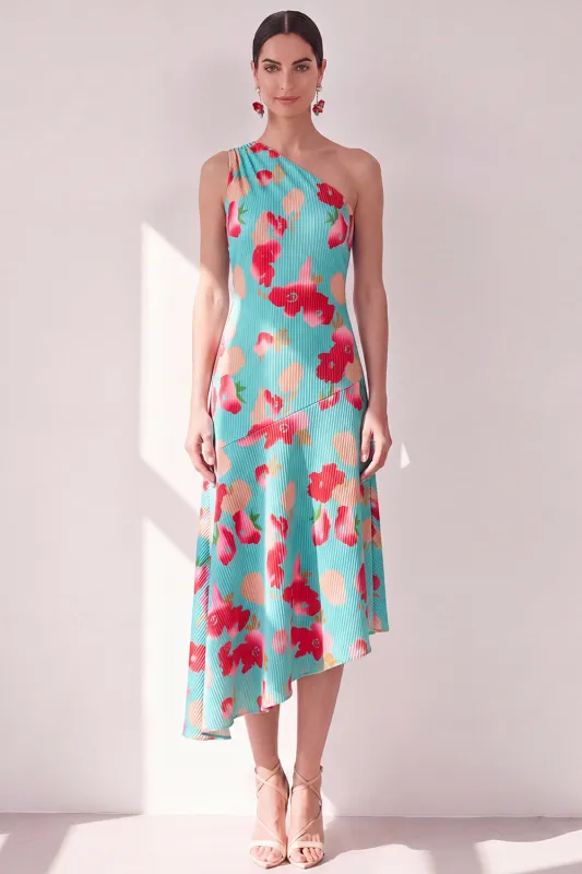 One Shoulder Blue Red Flower Asymmetrical Midi Dress made by Wedtrend