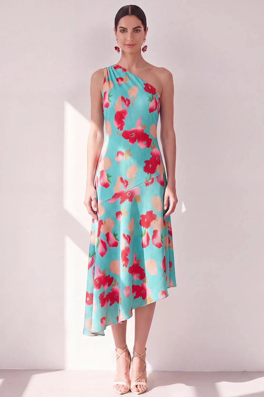 One Shoulder Blue Red Flower Asymmetrical Midi Dress sold by Wedtrend