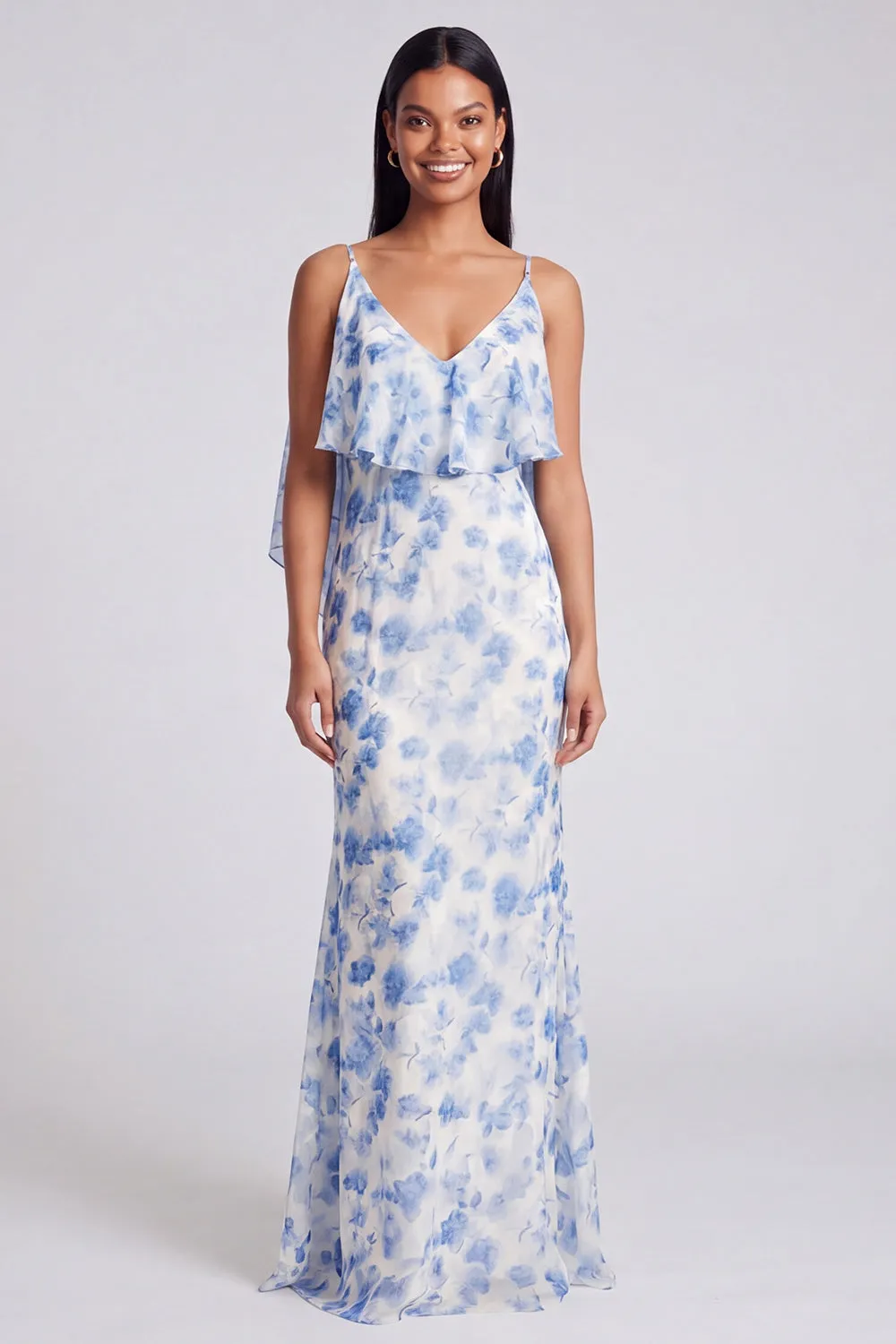 Light Blue Floral Spaghetti Straps Mermaid Maxi Dress sold by Wedtrend