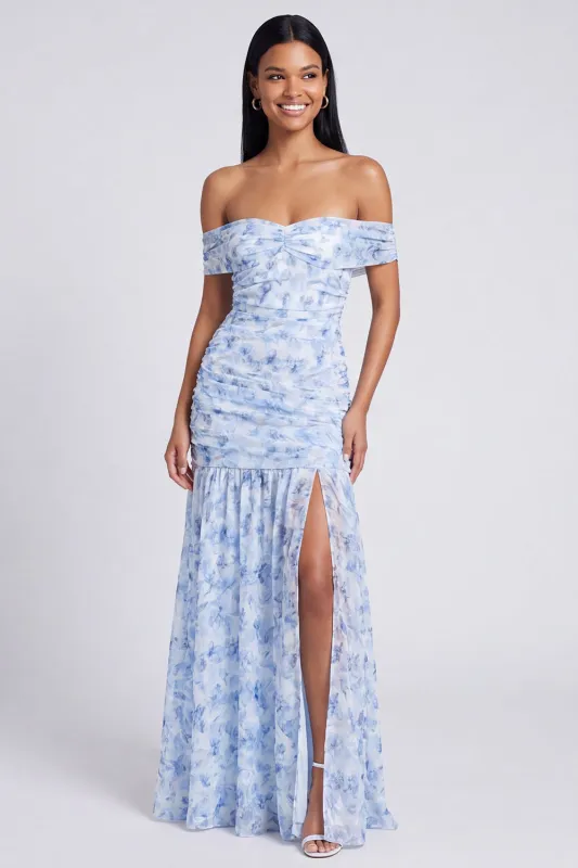 Off the Shoulder Ruched Light Blue Floral Maxi Dress with Slit made by Wedtrend
