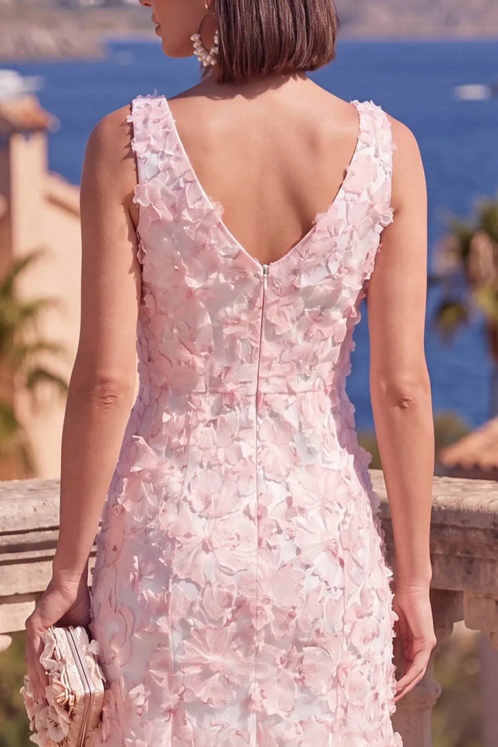 Pink A-Line V-Neck Floral Midi Wedding Guest Dress with Beading sold by Wedtrend product image thumbnail 4