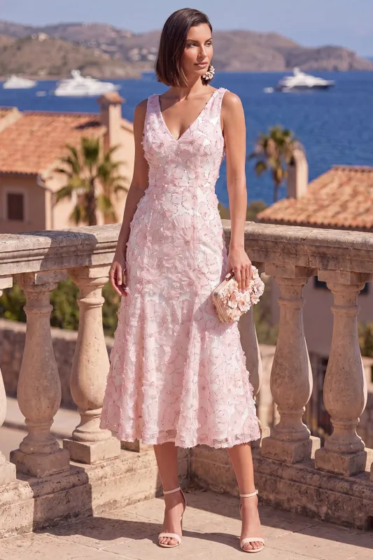 Pink A-Line V-Neck Floral Midi Wedding Guest Dress with Beading made by Wedtrend