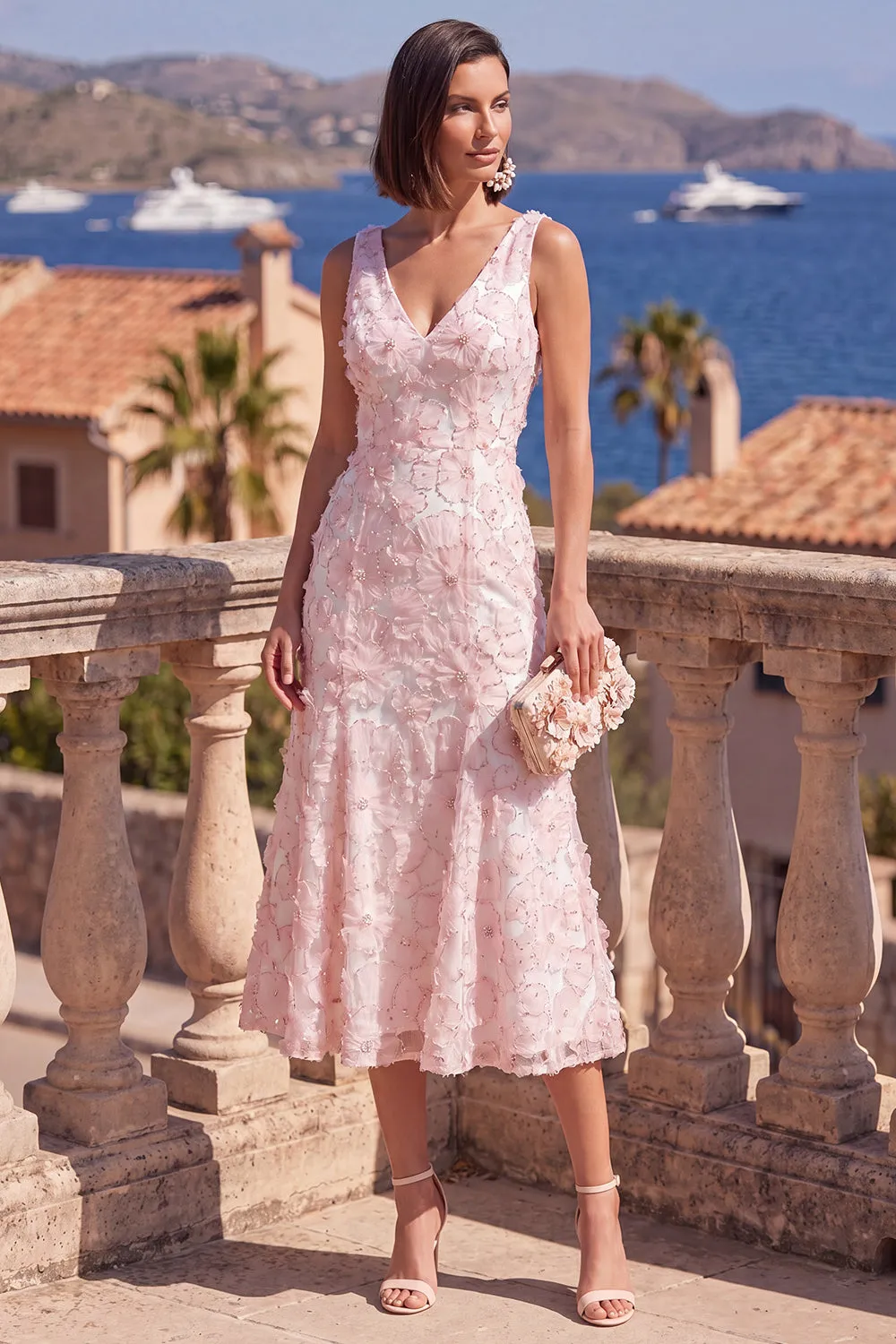 Pink A-Line V-Neck Floral Midi Wedding Guest Dress with Beading sold by Wedtrend