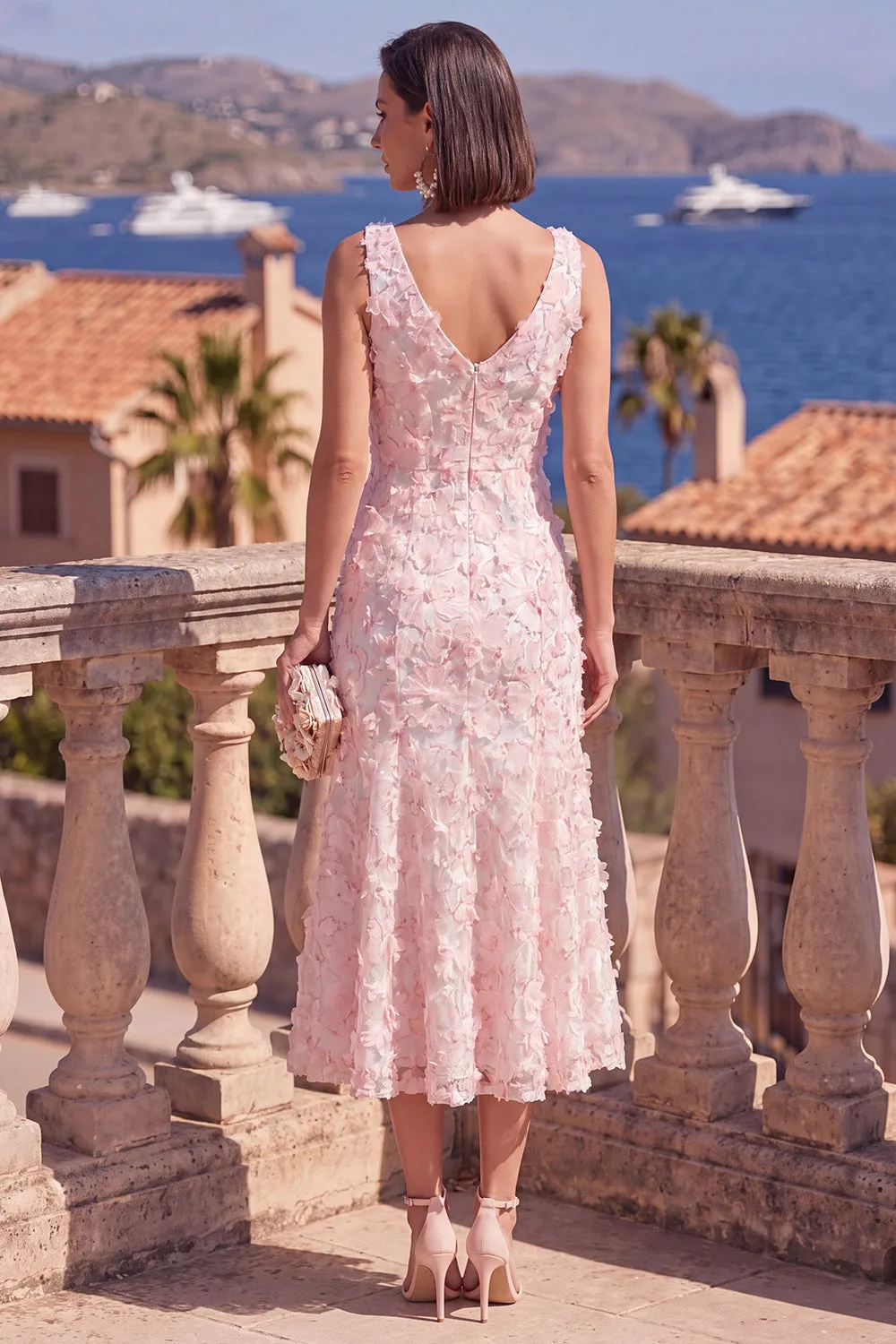 Pink A-Line V-Neck Floral Midi Wedding Guest Dress with Beading sold by Wedtrend product image thumbnail 2