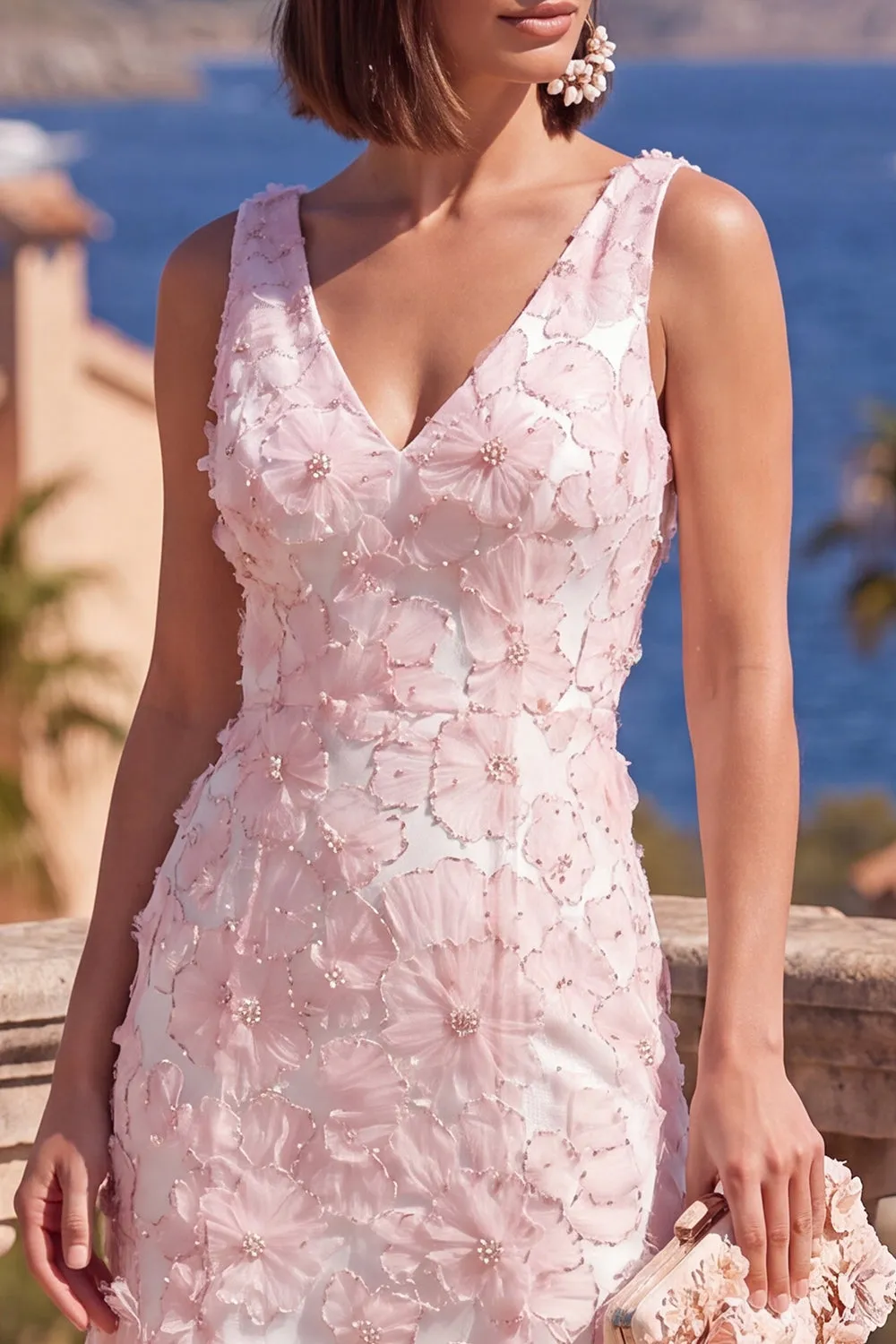 Pink A-Line V-Neck Floral Midi Wedding Guest Dress with Beading sold by Wedtrend product image thumbnail 3