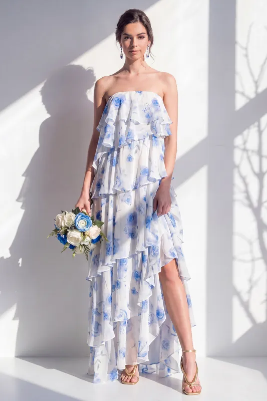 Blue Floral Strapless Tiered A Line Bridesmaid Dress made by Wedtrend