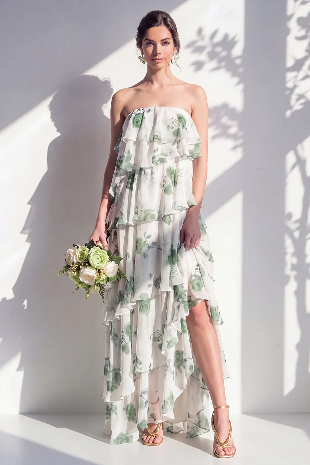 Blue Floral Strapless Tiered A Line Bridesmaid Dress sold by Wedtrend product image thumbnail 5