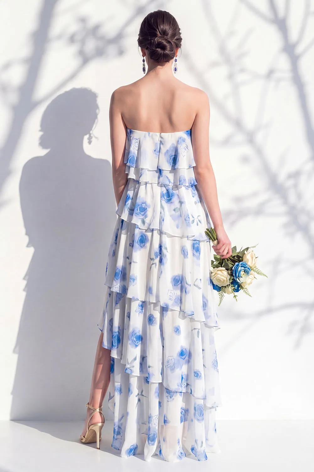 Blue Floral Strapless Tiered A Line Bridesmaid Dress sold by Wedtrend product image thumbnail 2