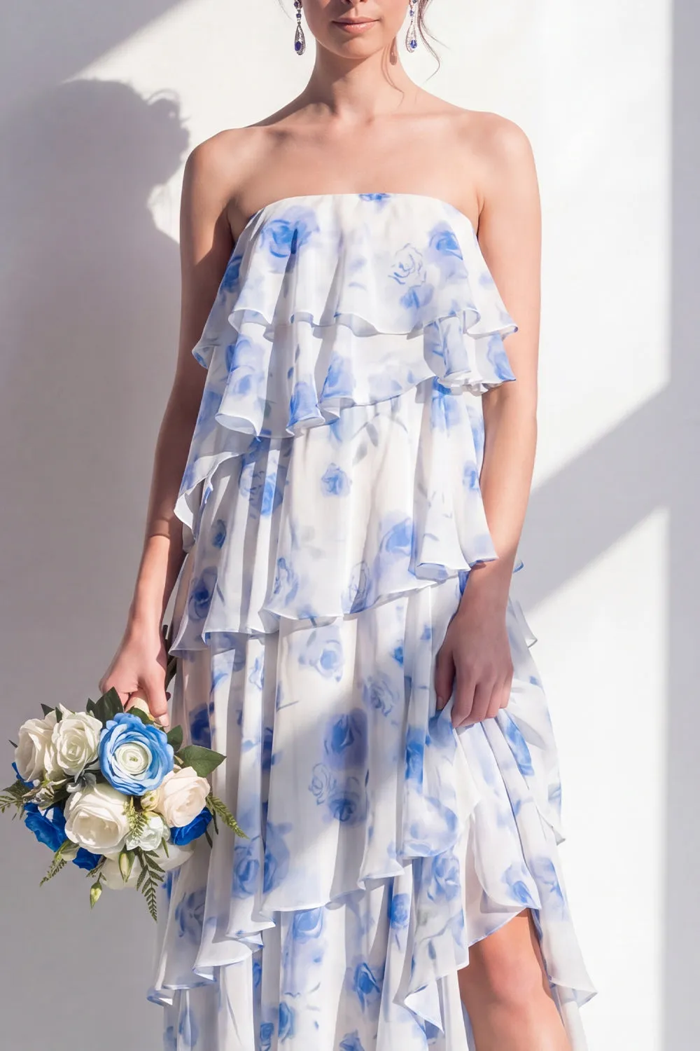 Blue Floral Strapless Tiered A Line Bridesmaid Dress sold by Wedtrend product image thumbnail 3