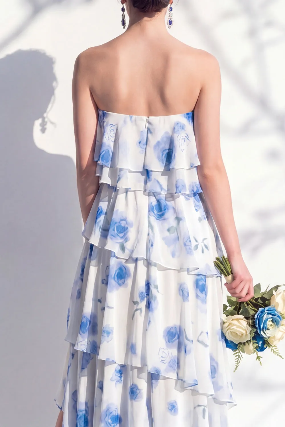 Blue Floral Strapless Tiered A Line Bridesmaid Dress sold by Wedtrend product image thumbnail 4