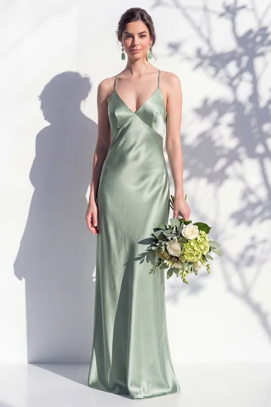 Satin Spaghetti Straps Sheath Sage Bridesmaid Dress made by Wedtrend