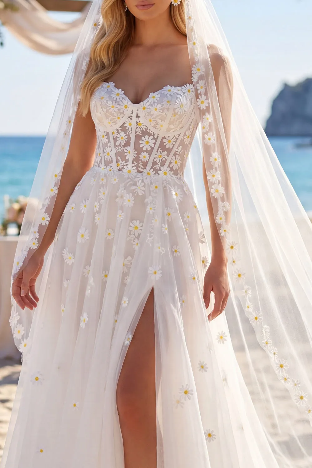 Sweetheart White Corset Daisy Embroidered Wedding Dress with Slit sold by Wedtrend product image thumbnail 3