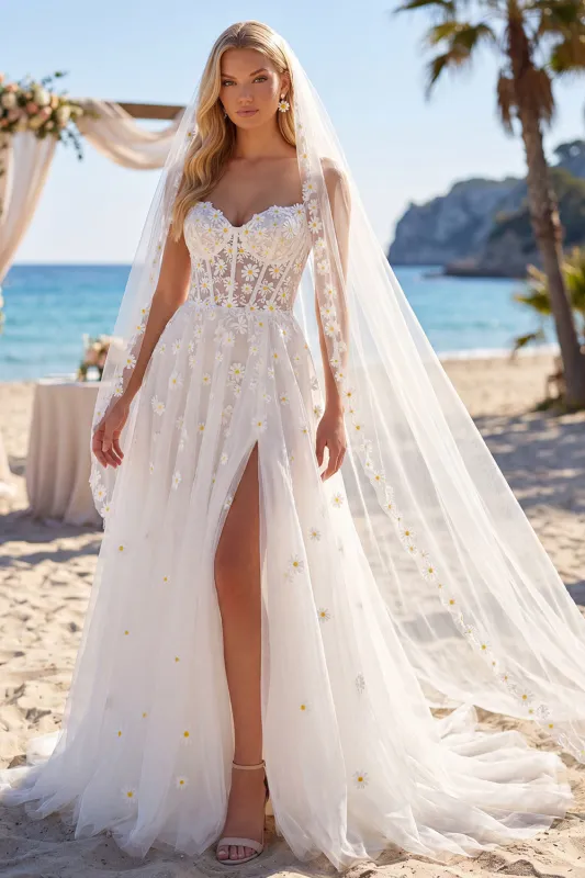 Sweetheart White Corset Daisy Embroidered Wedding Dress with Slit made by Wedtrend