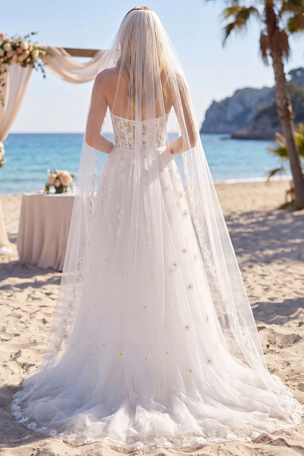 Sweetheart White Corset Daisy Embroidered Wedding Dress with Slit sold by Wedtrend product image thumbnail 2