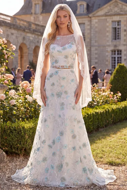 White Green Flower Embroidered 2 Piece Boat Neck Wedding Dress with Veil made by Wedtrend