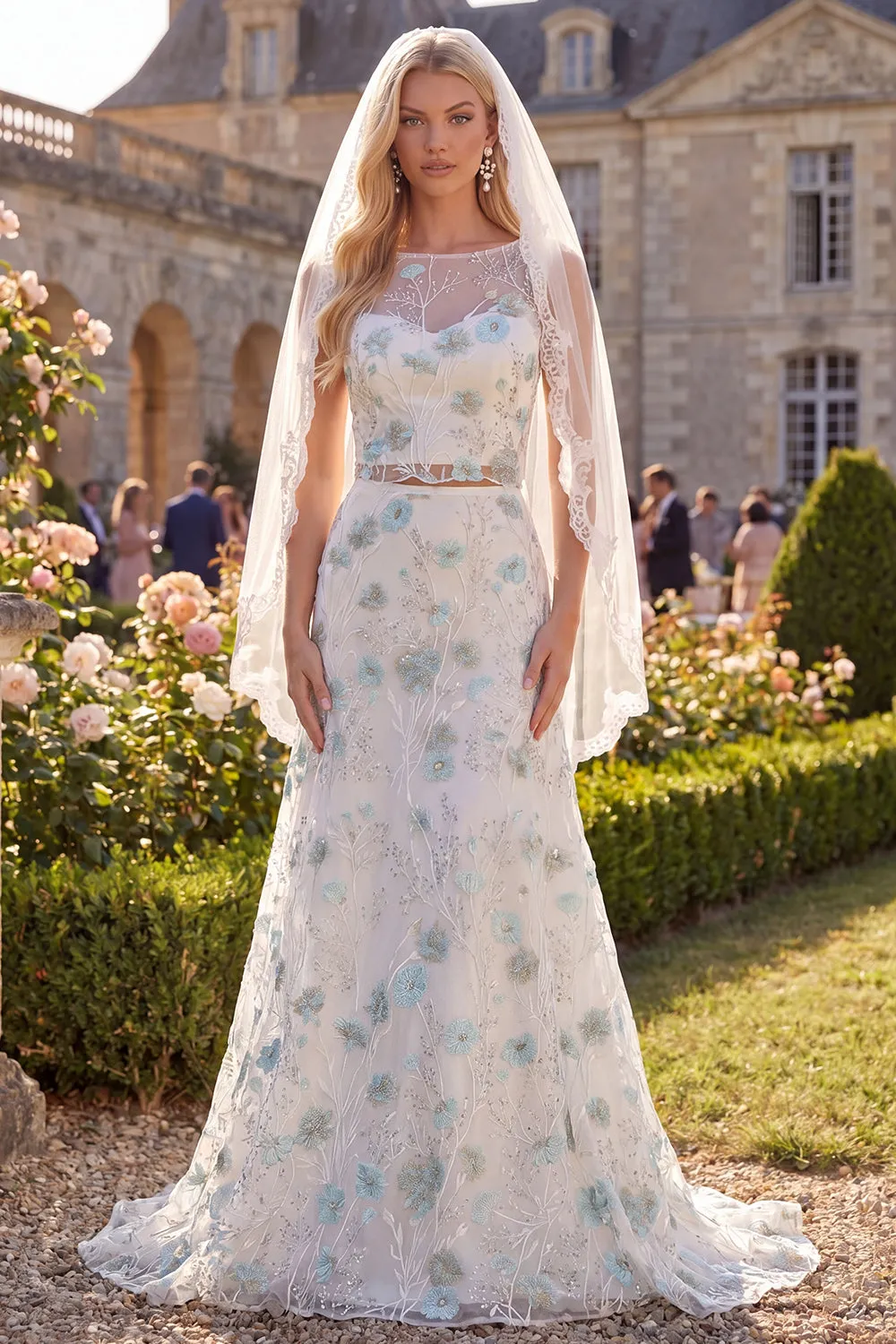 White Green Flower Embroidered 2 Piece Boat Neck Wedding Dress with Veil sold by Wedtrend