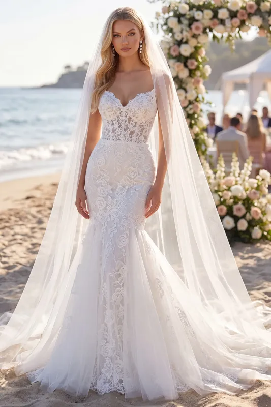 Romantic White Lace Mermaid Corset Wedding Dress with Veil made by Wedtrend