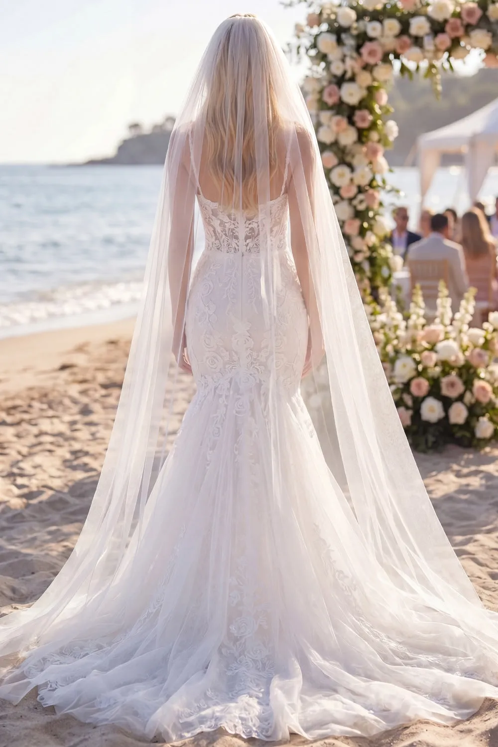 Romantic White Lace Mermaid Corset Wedding Dress with Veil sold by Wedtrend product image thumbnail 2