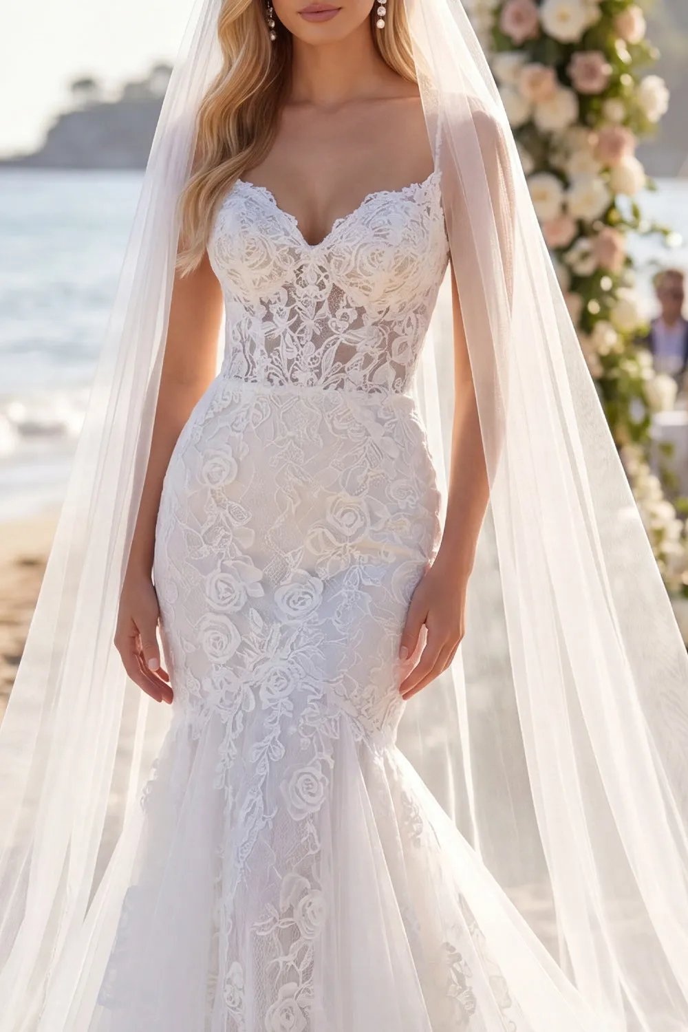 Romantic White Lace Mermaid Corset Wedding Dress with Veil sold by Wedtrend product image thumbnail 3