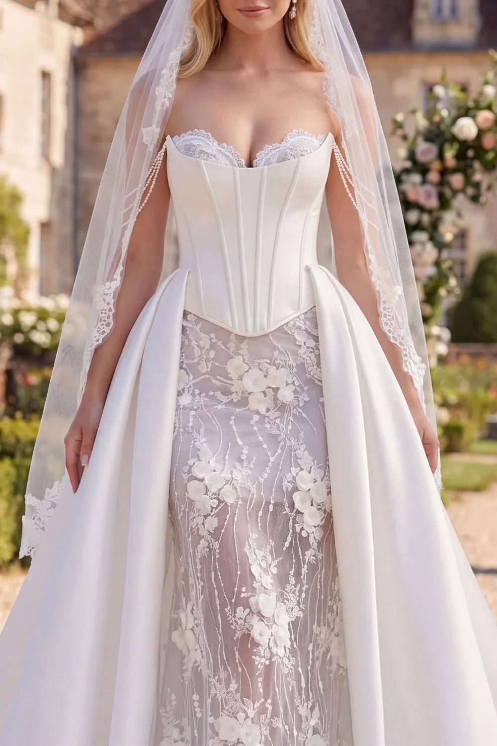 White Corset Strapless 3D Flower Beaded Wedding Dress with Veil sold by Wedtrend product image thumbnail 3