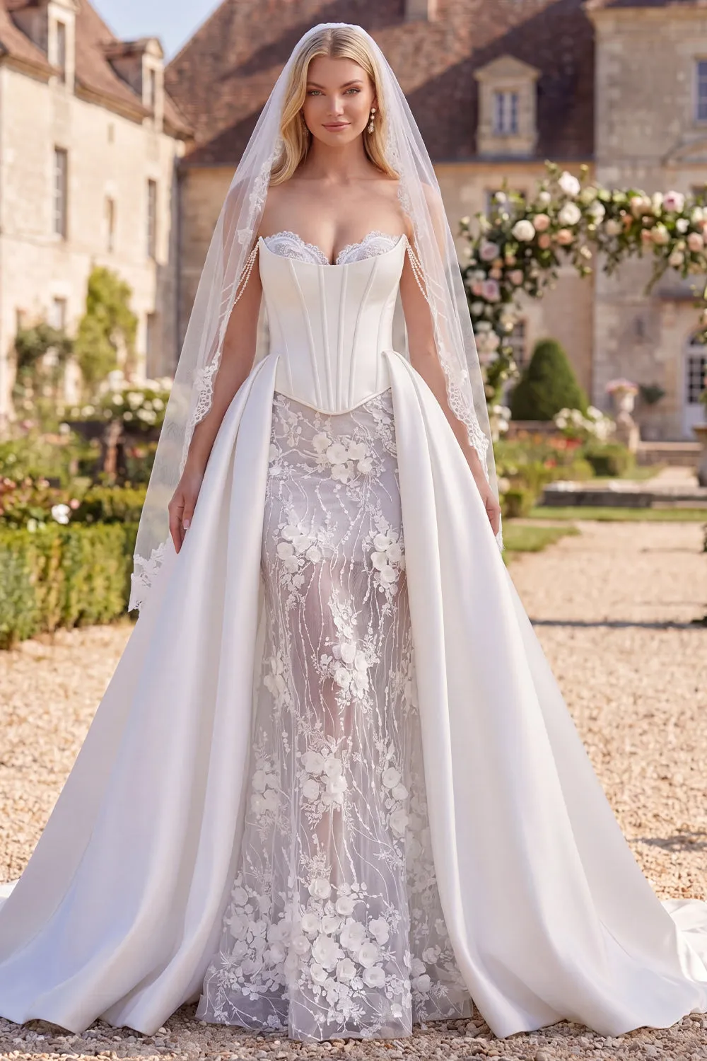 White Corset Strapless 3D Flower Beaded Wedding Dress with Veil sold by Wedtrend