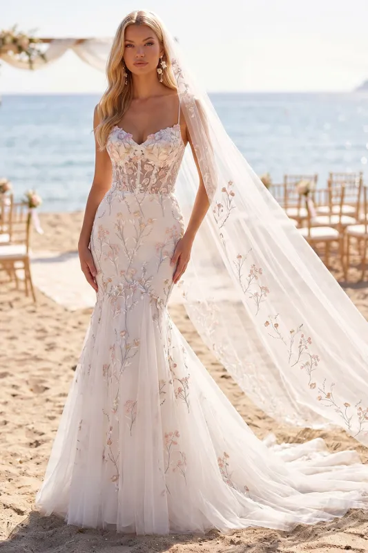Mermaid White Pink Flower Applique Corset Wedding Dress with Veil made by Wedtrend