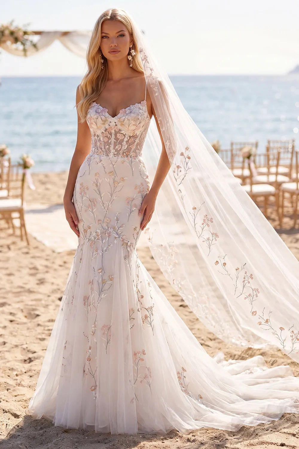 Mermaid White Pink Flower Applique Corset Wedding Dress with Veil sold by Wedtrend