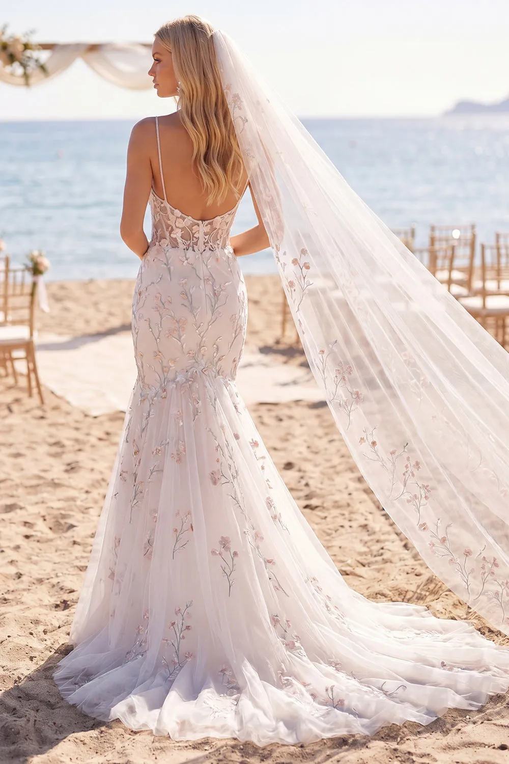 Mermaid White Pink Flower Applique Corset Wedding Dress with Veil sold by Wedtrend product image thumbnail 2