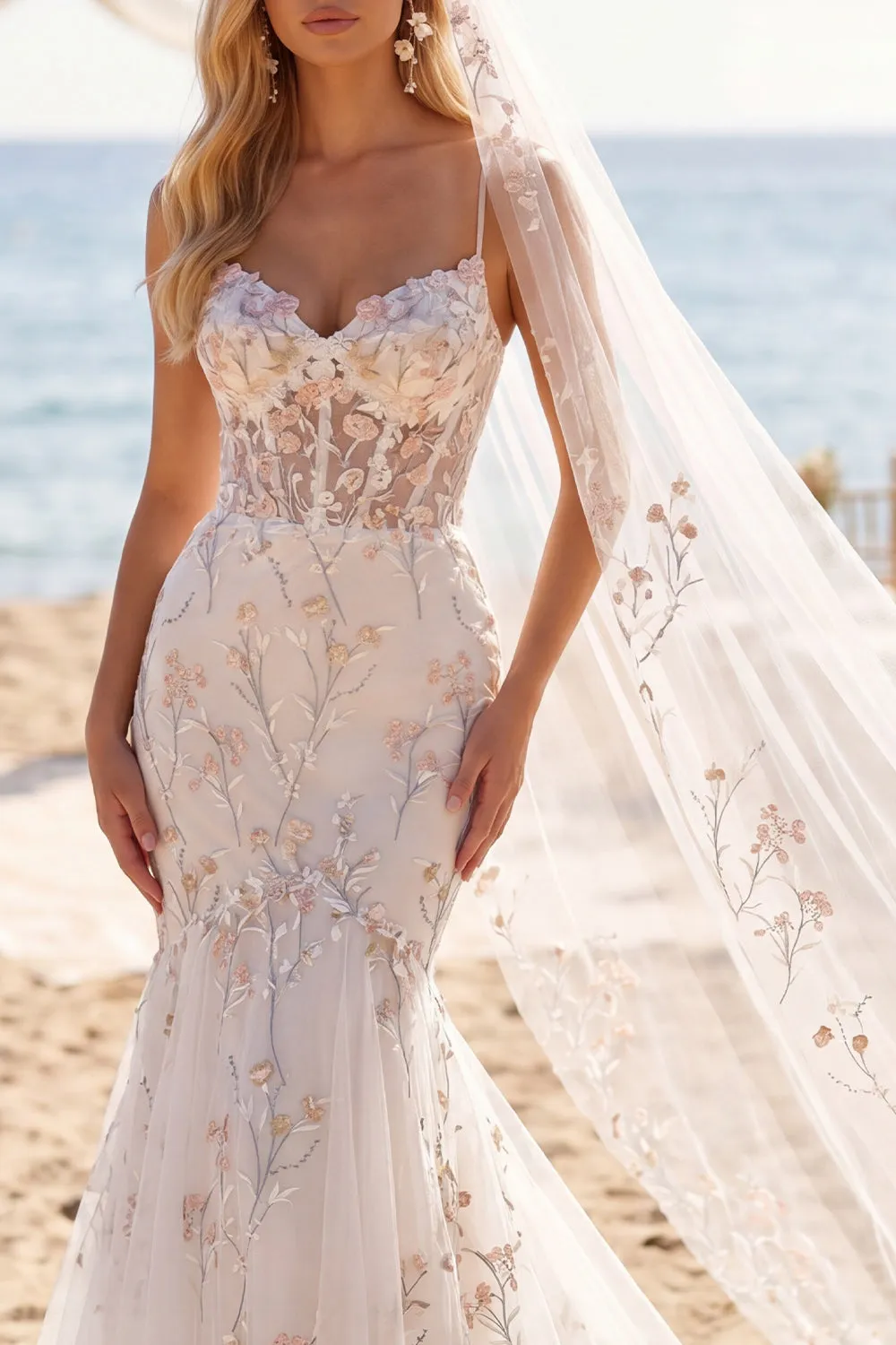 Mermaid White Pink Flower Applique Corset Wedding Dress with Veil sold by Wedtrend product image thumbnail 3