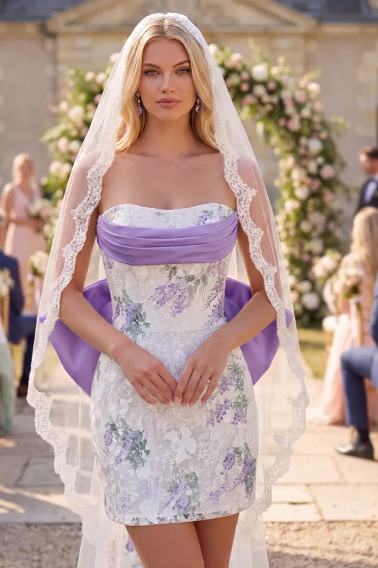White Purple Flower Strapless Lace Ruched Tight Short Wedding Dress with Bow made by Wedtrend