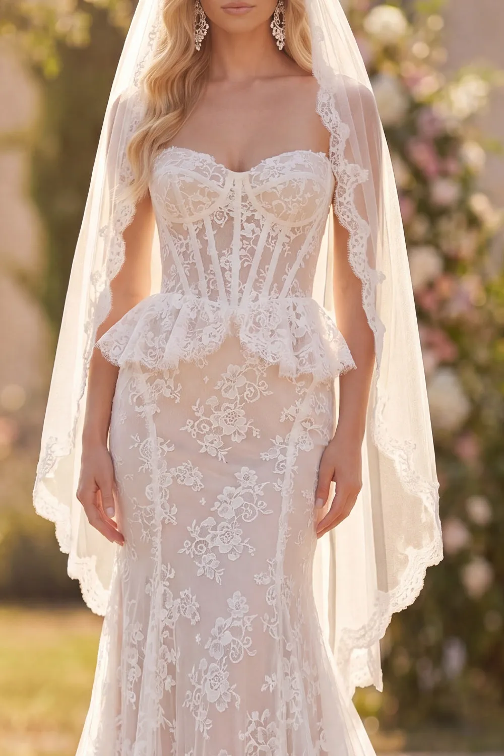 Corset White Lace Strapless Mermaid Wedding Dress with Veil sold by Wedtrend product image thumbnail 3