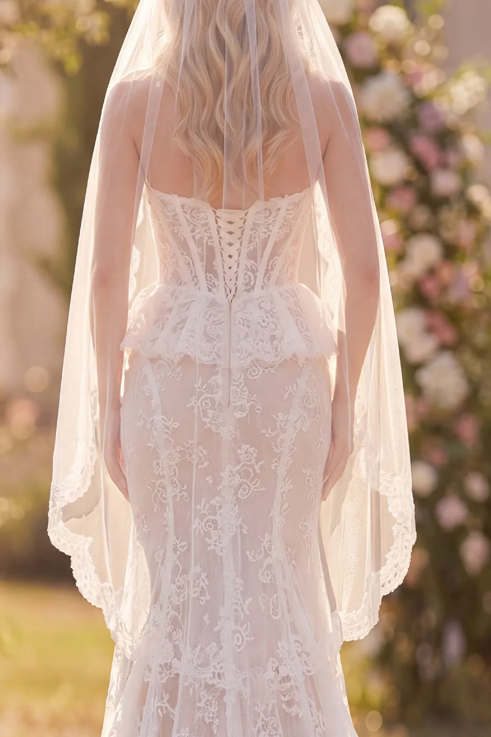 Corset White Lace Strapless Mermaid Wedding Dress with Veil sold by Wedtrend product image thumbnail 4