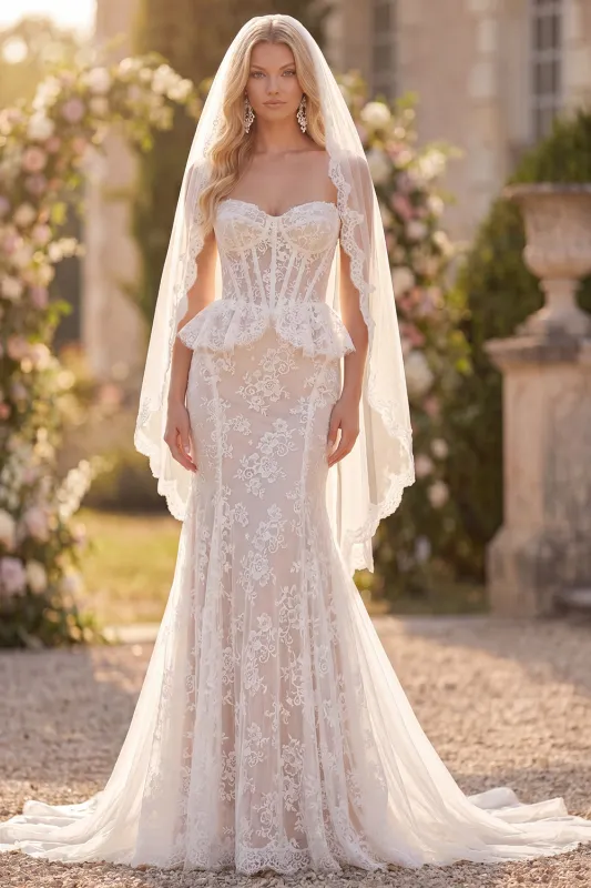 Corset White Lace Strapless Mermaid Wedding Dress with Veil made by Wedtrend
