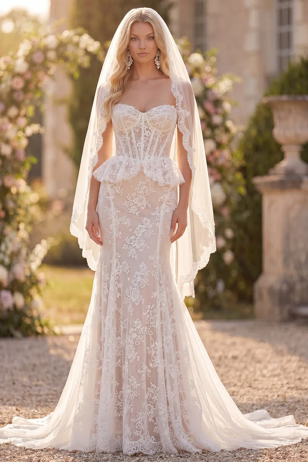 Corset White Lace Strapless Mermaid Wedding Dress with Veil sold by Wedtrend