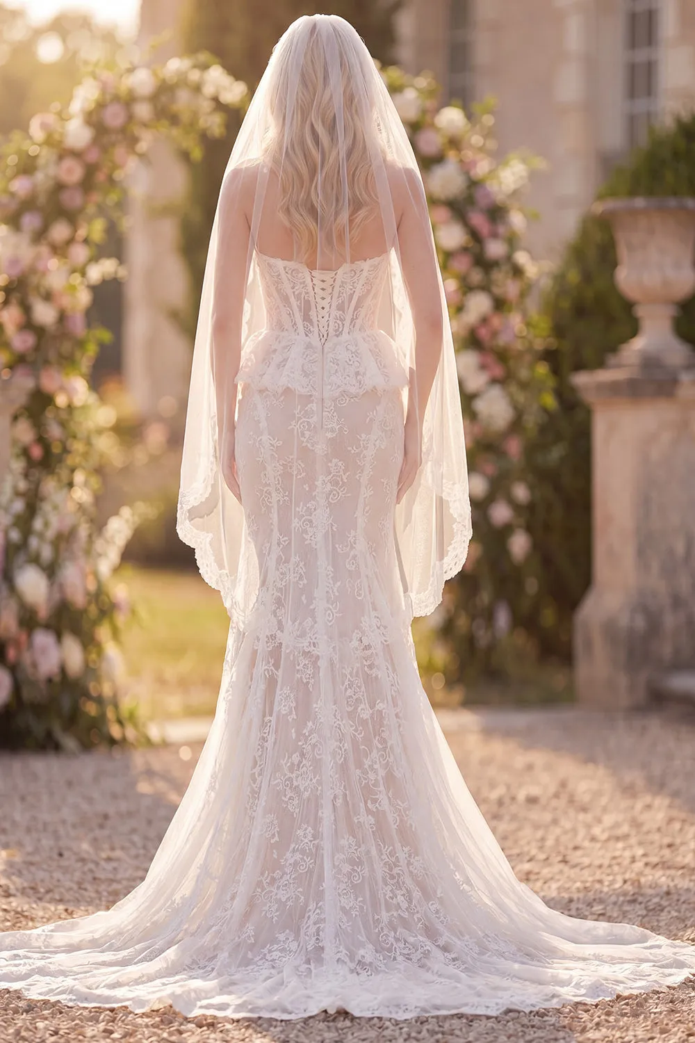 Corset White Lace Strapless Mermaid Wedding Dress with Veil sold by Wedtrend product image thumbnail 2