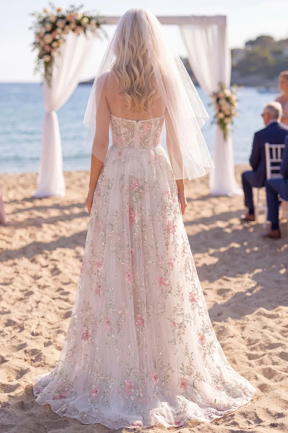 Strapless White Pink Flower Beaded A Line Wedding Dress with Veil sold by Wedtrend product image thumbnail 2