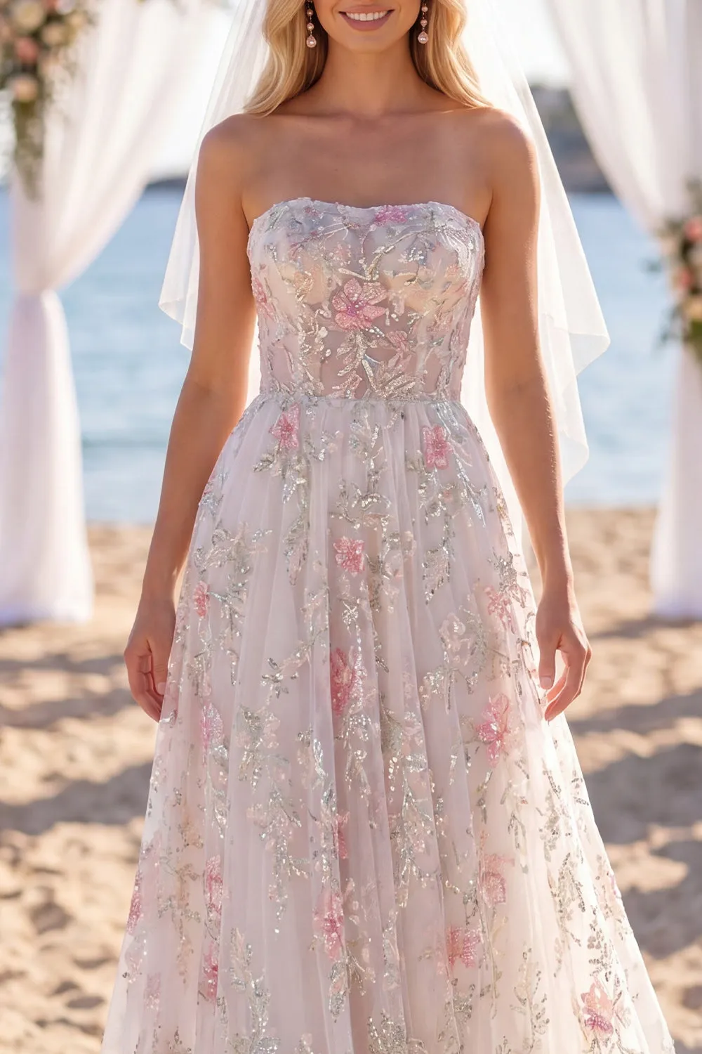 Strapless White Pink Flower Beaded A Line Wedding Dress with Veil sold by Wedtrend product image thumbnail 3