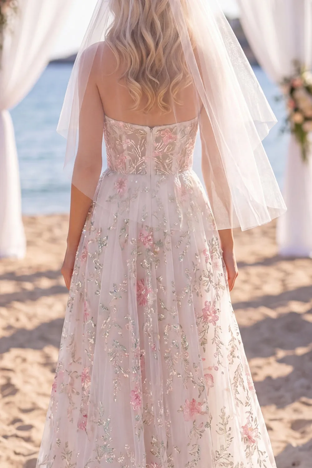 Strapless White Pink Flower Beaded A Line Wedding Dress with Veil sold by Wedtrend product image thumbnail 4