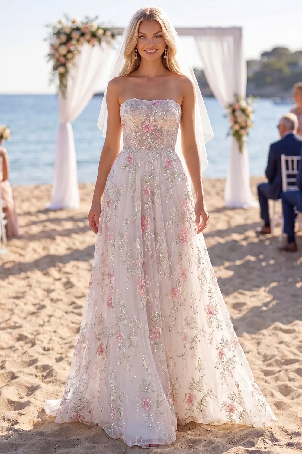 Strapless White Pink Flower Beaded A Line Wedding Dress with Veil sold by Wedtrend