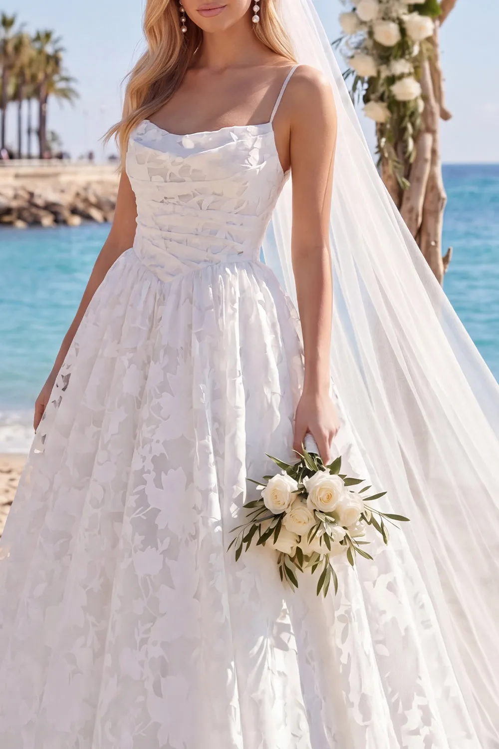 White Floral Print Spaghetti Straps A Line Ruched Wedding Dress with Veil sold by Wedtrend product image thumbnail 3