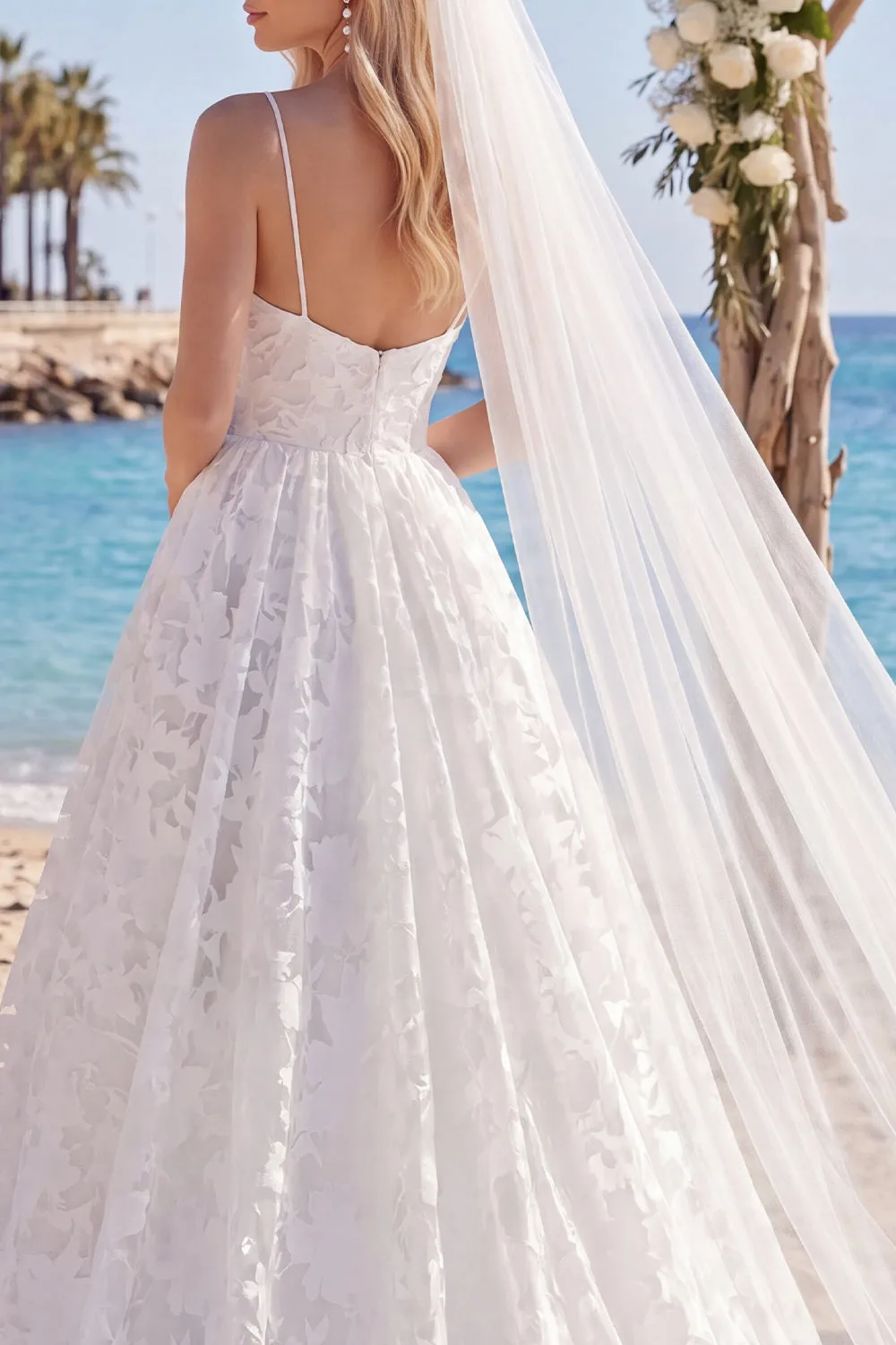 White Floral Print Spaghetti Straps A Line Ruched Wedding Dress with Veil sold by Wedtrend product image thumbnail 4