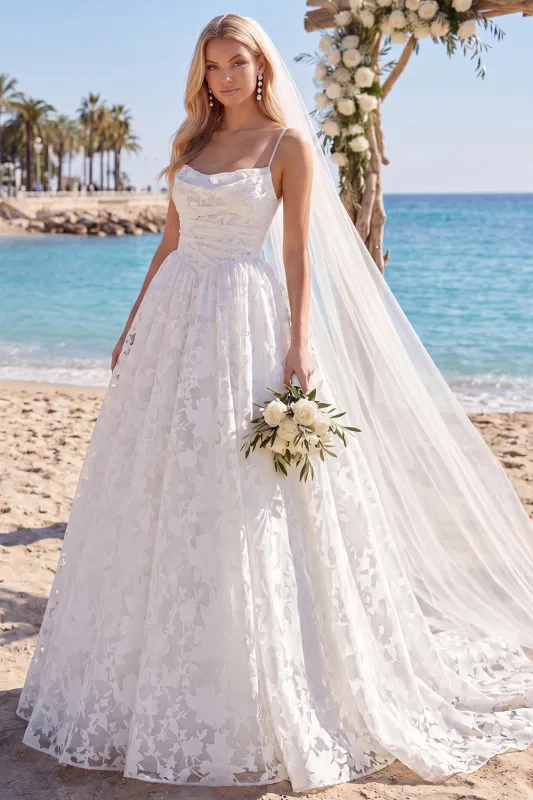White Floral Print Spaghetti Straps A Line Ruched Wedding Dress with Veil made by Wedtrend